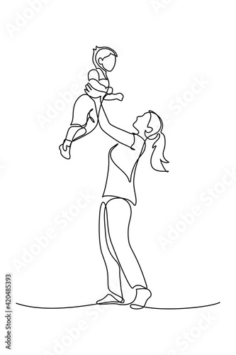 Happy mom with her little son in continuous line art drawing style. Mother holding her male child up in the air. Black linear sketch isolated on white background. Vector illustration