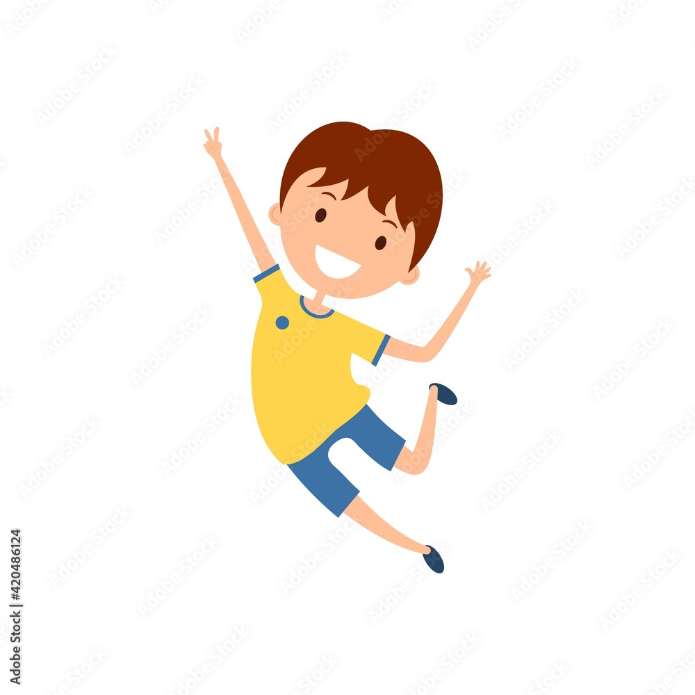 Cartoon curly boy with dark hair jumping. Joyful child isolated on white background. Happy boy in yellow t-shirt and blue shorts Cartoon curly boy with dark hair jumping. Joyful child isolated on white background. Happy boy in yellow t-shirt and blue shorts