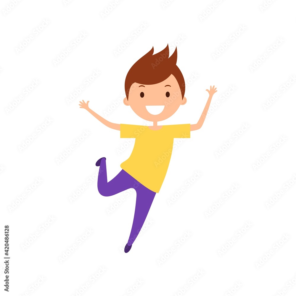 Cartoon smiling boy with dark hair jumping. Joyful child isolated on white background. Happy boy with glasses, turquoise t-shirt and violet trousers
