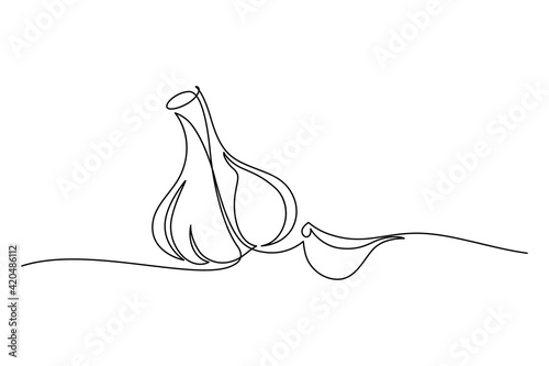 Garlic in continuous line art drawing style. Garlic bulb with separated clove minimalist black linear sketch isolated on white background. Vector illustration