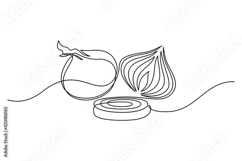 Onion in continuous line art drawing style. Onion whole bulb, half cut and ring sliced minimalist black linear sketch isolated on white background. Vector illustration