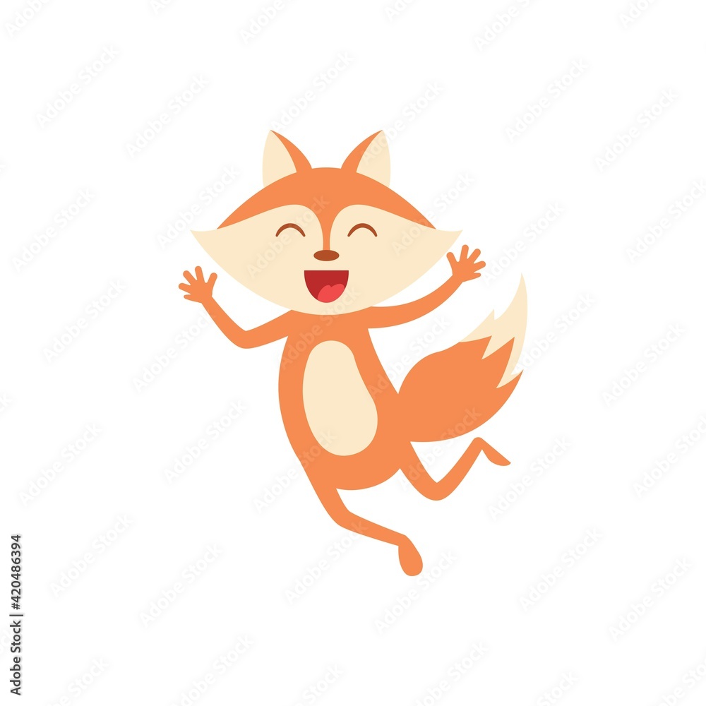 Obraz premium Cartoon joyful fox jumping isolated on white. Smiling funny fox hopping. Happy animal character.