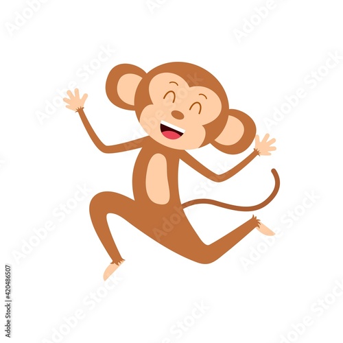 Cartoon joyful monkey jumping isolated on white. Smiling chimp hopping. Happy animal character.