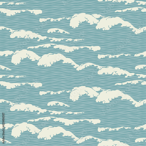 Abstract vector seamless pattern with wavy pattern, imitation of the sea waves or clouds in the sky. Decorative repeatable illustration of the sea or ocean in retro style on an old paper background