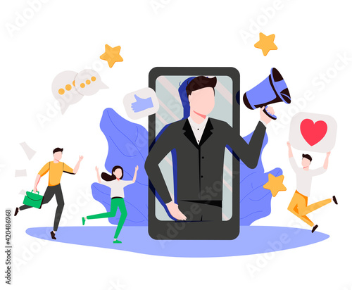 Mobile phone, woman with megaphone on screen and young people surrounding her. Influencer marketing, social media or network promotion, SMM. Flat vector illustration for internet advertisement