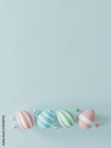 easter eggs on blue background. greeting card, poster, banner template. top view. flat lay. 3D illustration