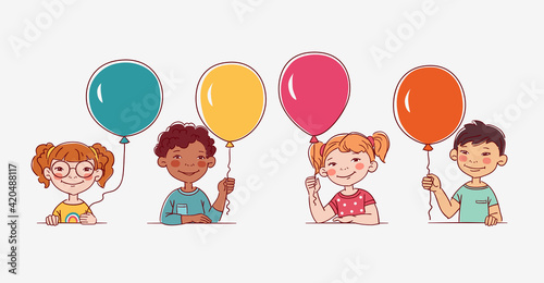 Funny kids with balloons. Vector cute boys and girls collection. Multi-ethnic group of happy children. Different cartoon faces icons