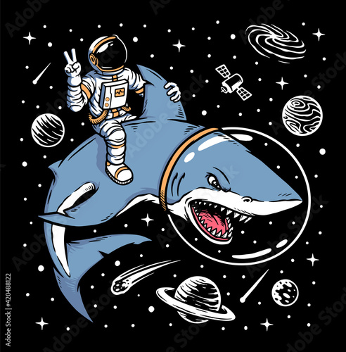 Astronaut riding shark