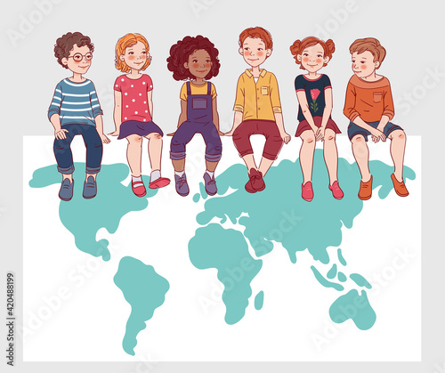 Group of friendly kids sitting on white board with world map. Happy boys and girls 