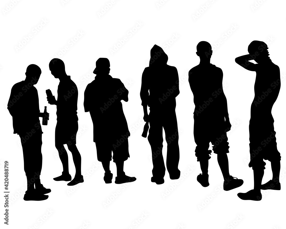 Young people in trendy street style clothes. Isolated silhouettes on white background Young people in trendy street style clothes. Isolated silhouettes on white background