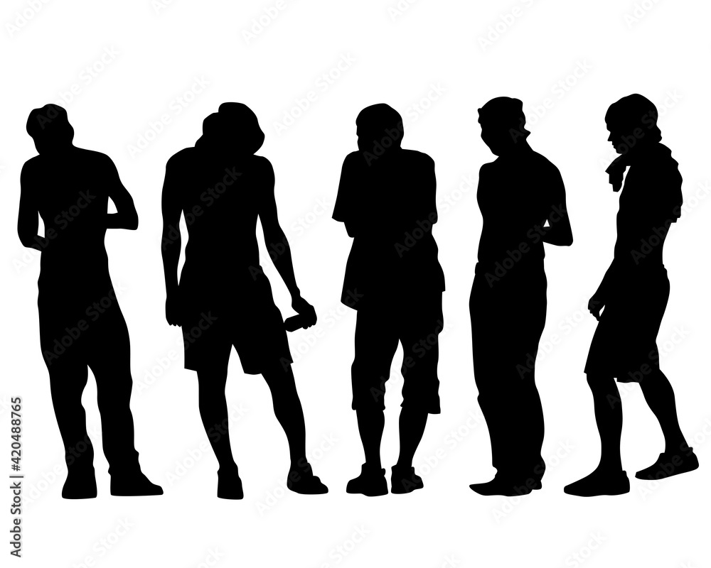 Young people in trendy street style clothes. Isolated silhouettes on white background