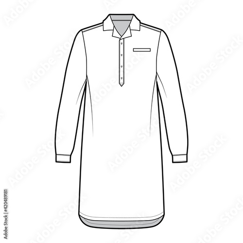 Nightshirt dress Sleepwear Pajama technical fashion illustration with knee length, classic henley collar, cuff long sleeves. Flat apparel front, white color style. Women, men unisex CAD mockup