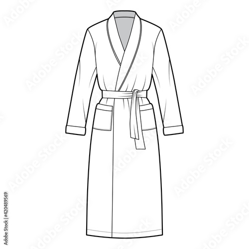 Bathrobe Dressing gown technical fashion illustration with wrap opening, knee length, oversized, tie, pocket, long sleeves. Flat garment front, white color style. Women, men unisex CAD mockup
