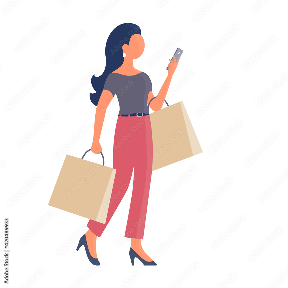 A beautiful girl goes shopping and talks on the phone. In the hands of the packages. Vector isolated flat illustration on a white background A beautiful girl goes shopping and talks on the phone. In the hands of the packages. Vector isolated flat illustration on a white background
