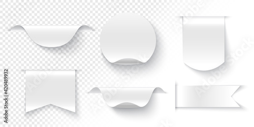 White ribbons, tags and stickers on transparent background. Vector illustration.