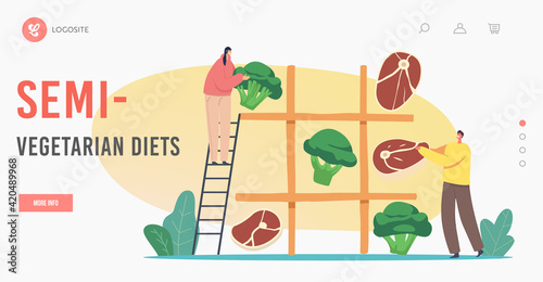 Semi-Vegetarian Diet Landing Page Template. Vegetarian or Meat Choice. Tiny Characters Playing Huge Noughts and Crosses