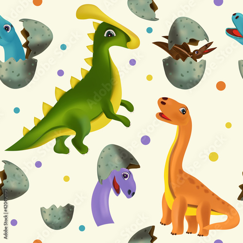Vector seamless with Dinosaur and eggs for your design textile  wallpapers  fabric  posters. Funny dinosaurs and Pterodactyl hatching from an egg. Vector illustration.