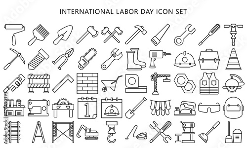 Set Flat vector linear design, black outline icons International Labor day and Industry tool icon set. for modern concepts, web and apps. EPS 10 ready convert to SVG
