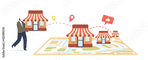 Franchise Business Concept. Tiny Male Character Put Kiosk on Huge Map. Businessman Start Small Enterprise Expansion