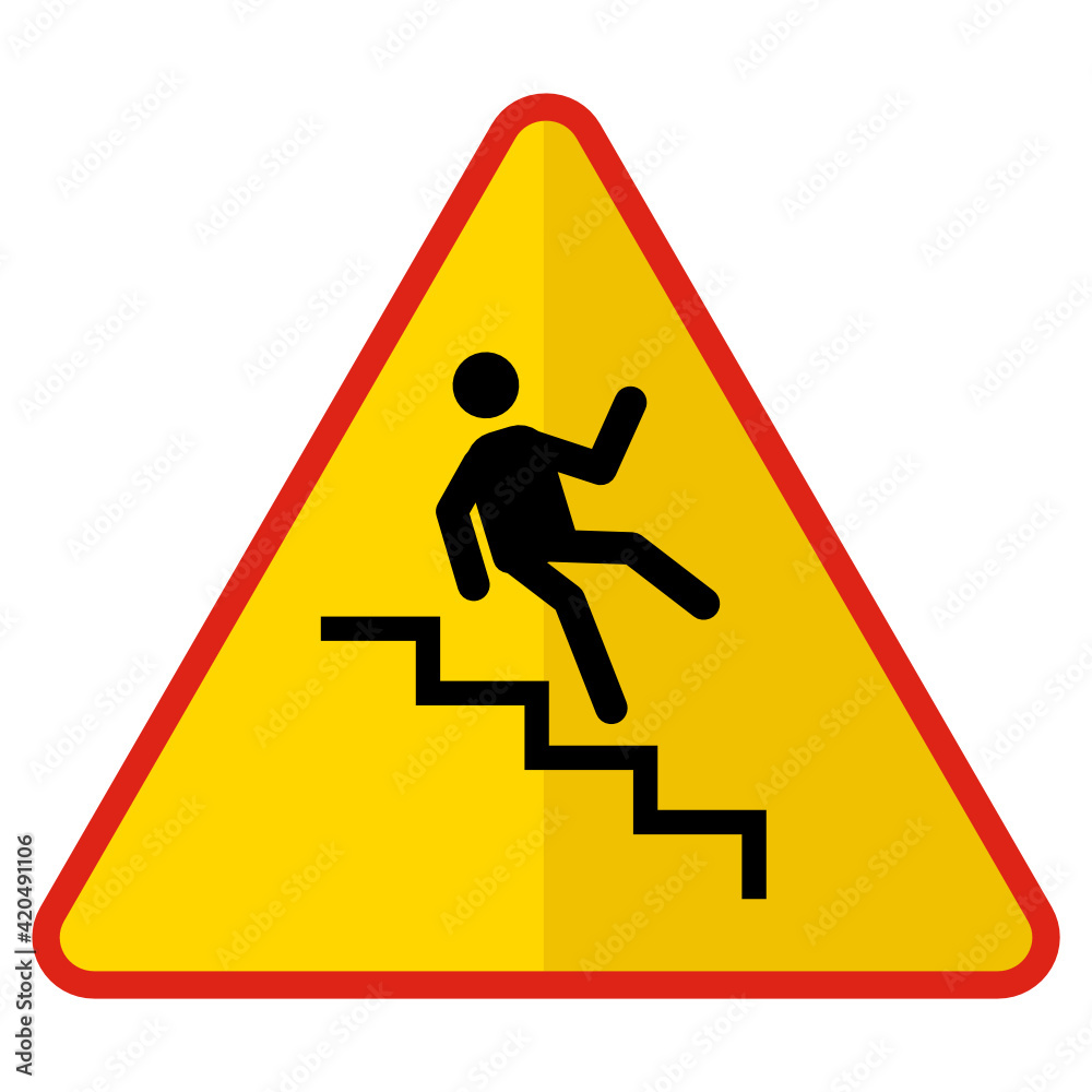 Man Falling from Stairway concept, Slippery Stairs Vector Icon design, Yellow triangle warning signs, regulatory and guide symbol on white background, Modern traffic signal stock illustration Man Falling from Stairway concept, Slippery Stairs Vector Icon design, Yellow triangle warning signs, regulatory and guide symbol on white background, Modern traffic signal stock illustration