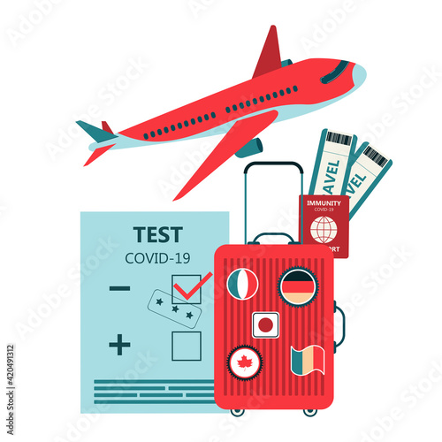 Covid-19 test result, health passport, covid-19 immunity certificate, safe traveling, test negative. Concept of traveling during pandemic. Web banner flat vector illustration.