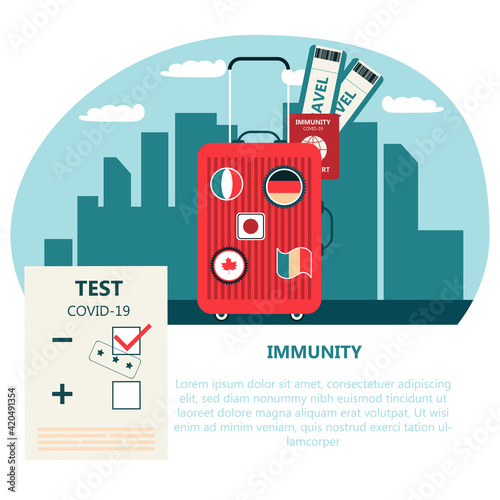 Covid-19 test result, health passport, covid-19 immunity certificate, safe traveling, test negative. Concept of traveling during pandemic.  Web banner flat vector illustration.


