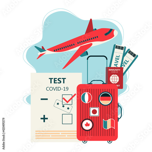 Covid-19 test result, health passport, covid-19 immunity certificate, safe traveling, test negative. Concept of traveling during pandemic.  Web banner flat vector illustration.

