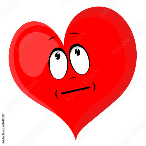 Heart red, vector drawn, cartoon with dreamy facial expression. Cheerful little man for icons or splash screens.