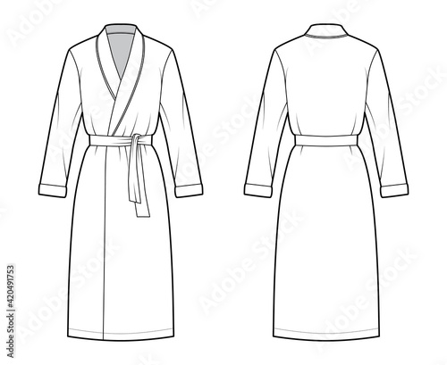 Bathrobe Dressing gown technical fashion illustration with wrap opening, knee length, oversized, tie, long sleeves. Flat garment apparel front back, white color style. Women, men unisex CAD mockup photo
