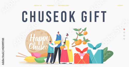 Chuseok Tteok Landing Page Template. Happy Asian Family with Kids Characters Wearing Traditional Costumes Hanbok