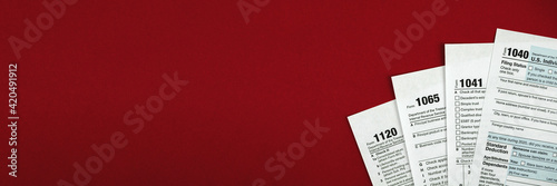 Tax forms banner background with copy space, office desktop