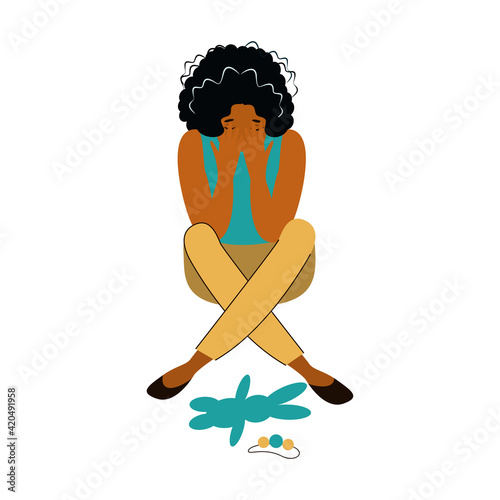 pregnancy loss, Pregnancy termination, abortion, Miscarriage concept. Woman is crying in hospital or clinic. She lost her child. Flat Vector illustration.

