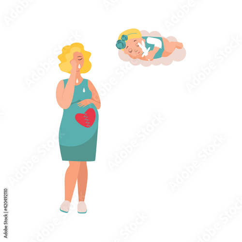 pregnancy loss, Pregnancy termination, abortion, Miscarriage concept. Woman is crying in hospital or clinic. She lost her child. Flat Vector illustration.

