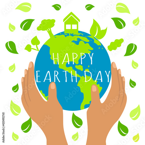 vector illustration on the theme of earth day. planet earth, held by hands, around - trees, leaves. caring for the climate, nature, ecology. flat illustration for websites, magazines, apps
