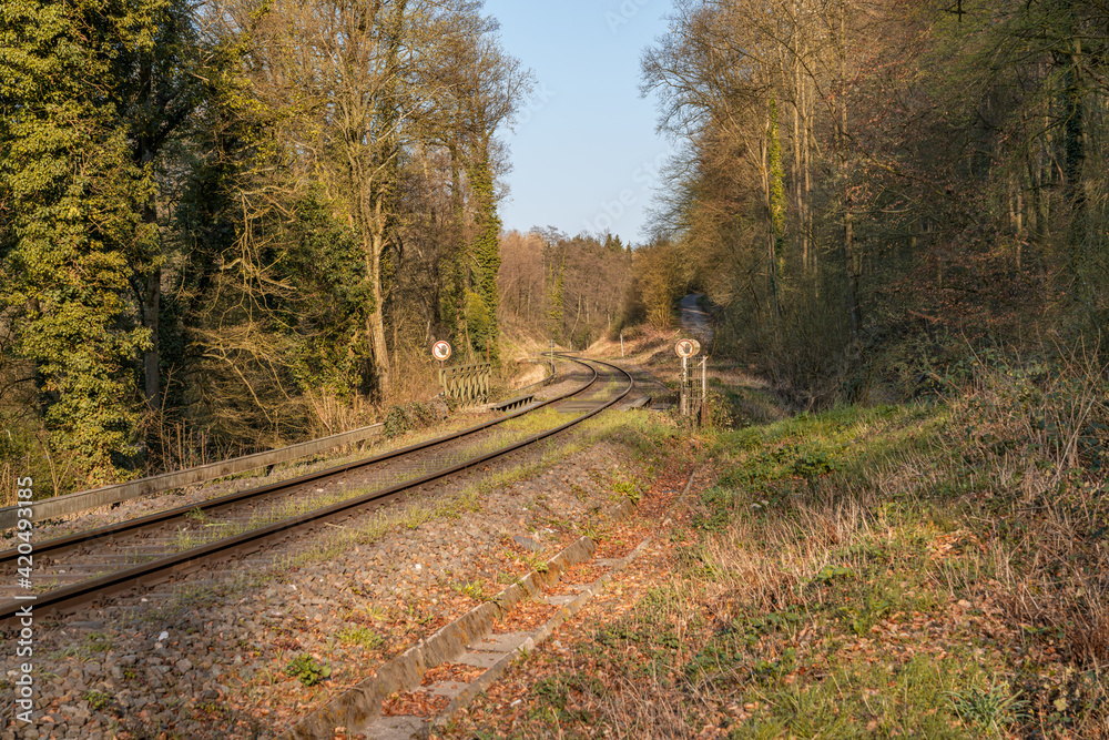View at the rails of the Angertalbahn (Kalkbahn) near Mueschenau in Ratingen, North Rhine-Westphalia, Germany View at the rails of the Angertalbahn (Kalkbahn) near Mueschenau in Ratingen, North Rhine-Westphalia, Germany