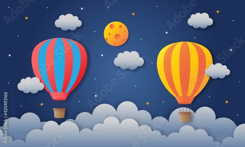Fototapeta Naklejka Na Ścianę i Meble -  balloon flying on night sky paper art travel background. vector illustration.