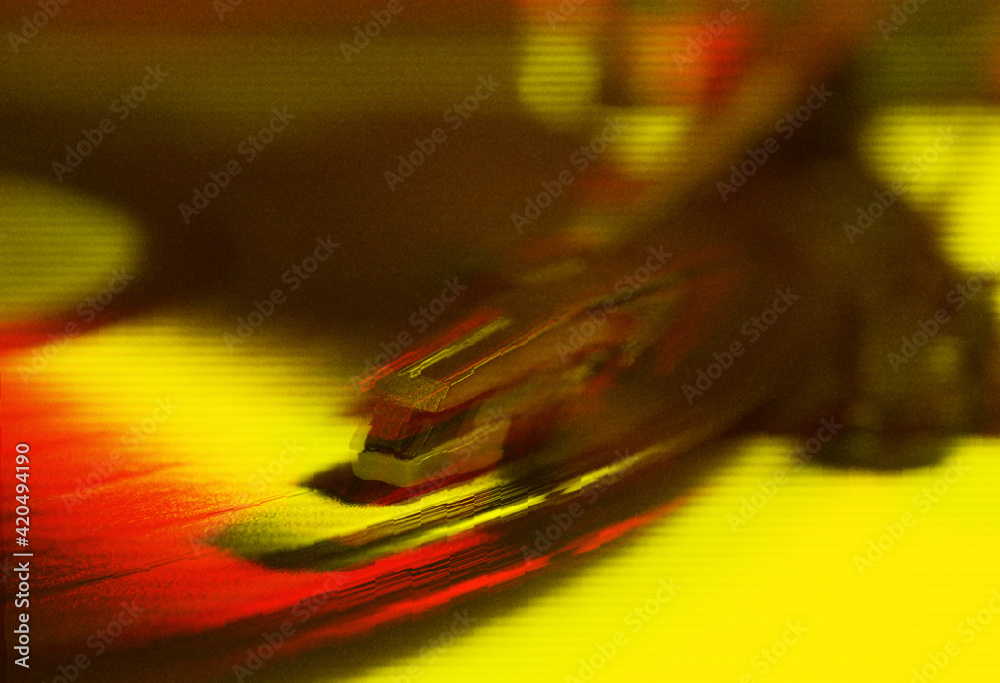Retro turntable plays analog vinyl record with music.Vintage turn table player device playing musical tracks in hi-fi quality. Hifi audio equipment with double exposure effect Retro turntable plays analog vinyl record with music.Vintage turn table player device playing musical tracks in hi-fi quality. Hifi audio equipment with double exposure effect