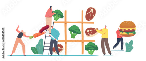 Tiny Male and Female Characters Playing Huge Tic-tac-toe Game with Healthy and Unhealthy Products Meat and Vegetables