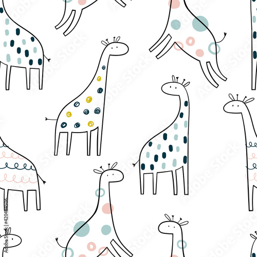Vector hand-drawn colored childish seamless repeating simple pattern with cute giraffes in scandinavian style on a white background. Cute baby animals. Pattern for kids with giraffes. Kids design.