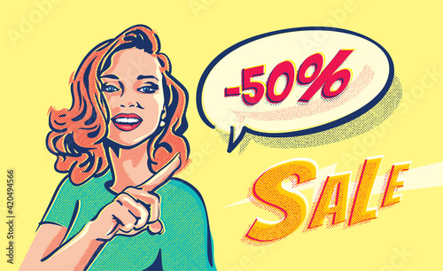 Surprise pop art girl pointing her finger at the speech bubble with up to 50% discount. Beautiful woman and sale banner. Sale inscription title font.
