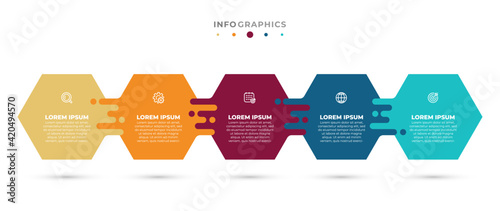 Vector infographic template. Timeline process with icon elements and 5 options or steps.