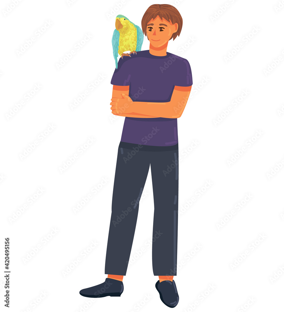 guy with a blue and yellow parrot on his shoulder. happy pet owners. pet Shop. exotic pets. Ara ararauna. vector flat. isolated guy with a blue and yellow parrot on his shoulder. happy pet owners. pet Shop. exotic pets. Ara ararauna. vector flat. isolated