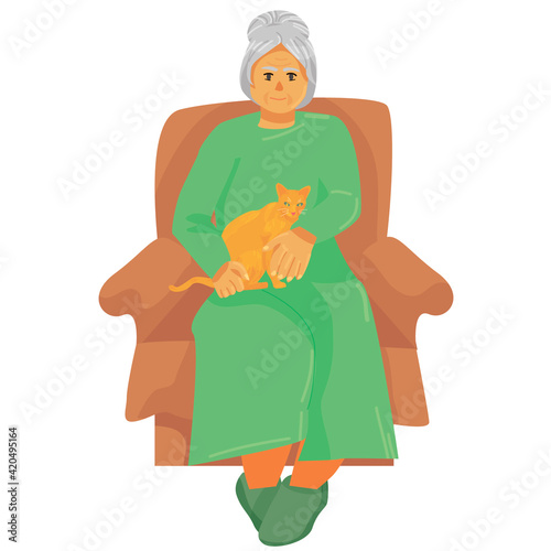 old woman holds a ginger cat in her arms. happy pet owners. domestic cats. in an armchair sits a kind grandmother with a cat on her lap. vector flat. isolated.