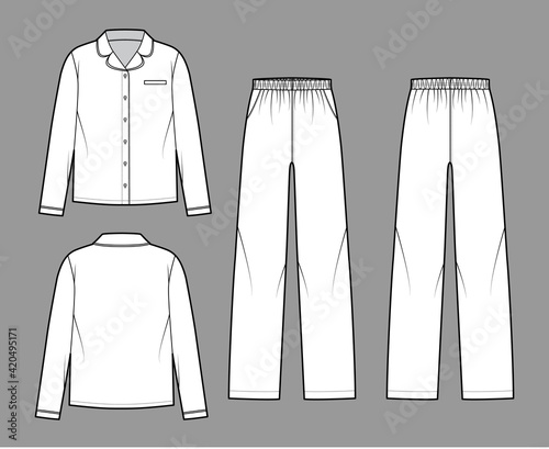Set of Sleepwear Pajamas shirt, pants technical fashion illustration with full length, oversized, pockets, button closure, long sleeves. Flat front back, white color style. Women men unisex CAD mockup