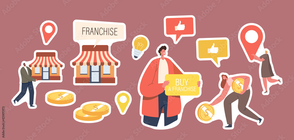 Set of Stickers Franchise. Character with Banner Buy Franchise, Vendor Kiosk and Gold Coins, Woman with Navigation Pin Set of Stickers Franchise. Character with Banner Buy Franchise, Vendor Kiosk and Gold Coins, Woman with Navigation Pin