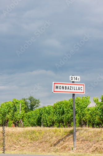 Sign and entry to Monbazillac, France