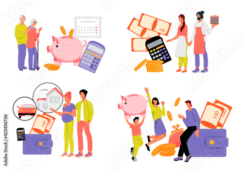Set of scenes on topic of family expenses and savings for starting a family business, retirement savings. Family budget planning and financial stability, flat vector illustration isolated on white.