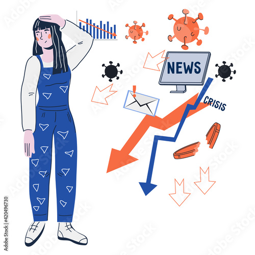 Young woman tired of news overloading, flat cartoon vector illustration isolated on white background. Information overload and stress of disturbing news.