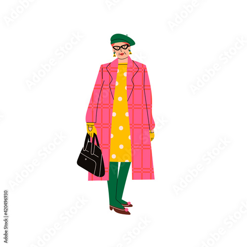 Aduld senior confident Lady. Bright clothing and accessories. Old and mature woman standing in trendy clothes. Modern fashion look. Hand drawn Vector illustration. Cartoon style. Print template