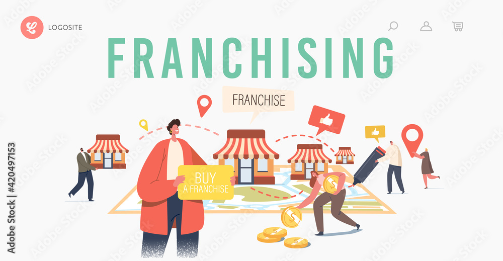 Franchising Landing Page Template. Tiny Characters Put Kiosks on Huge Map. People Start Franchise Small Enterprise